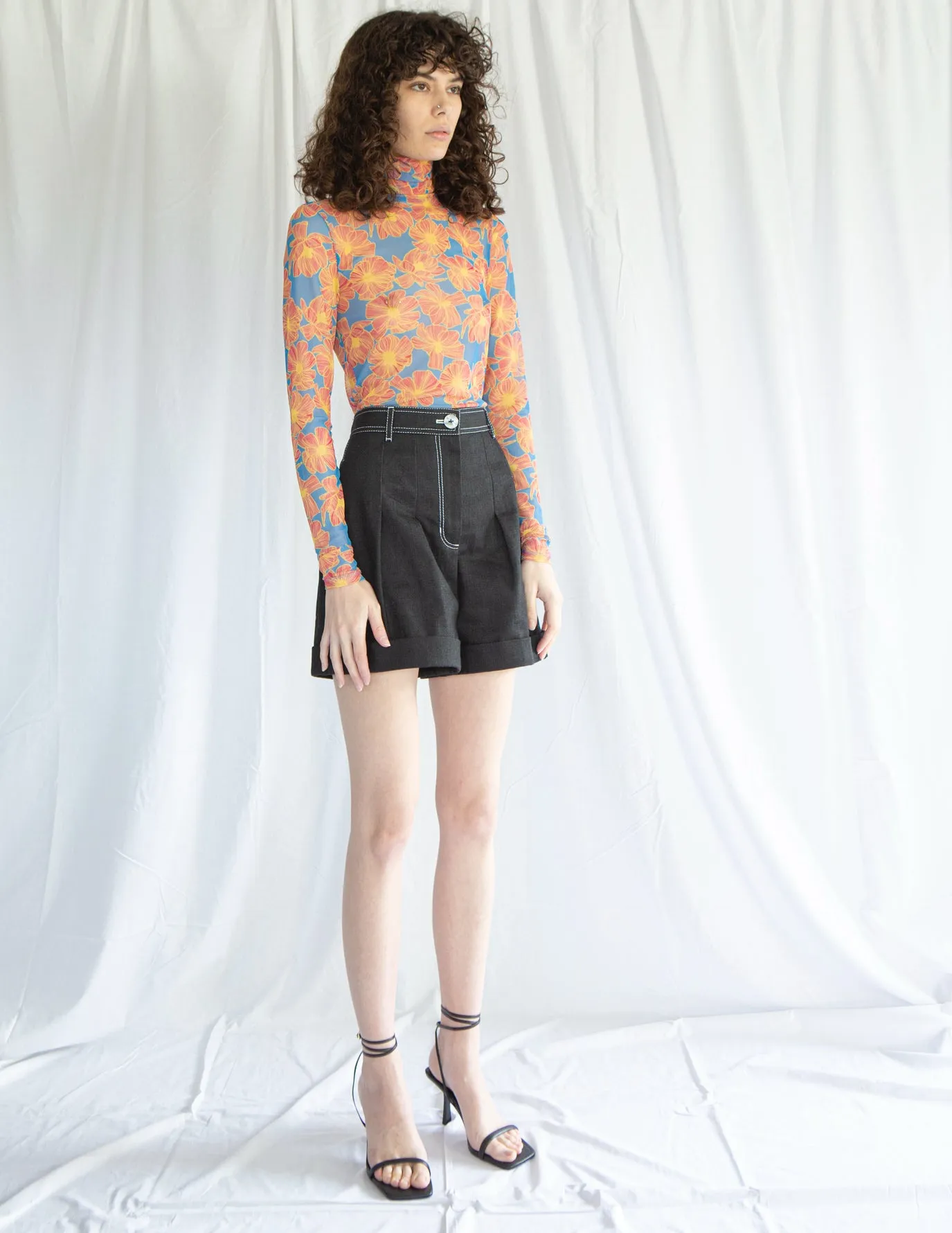 Mesh Turtleneck Top in Orange Floral Print