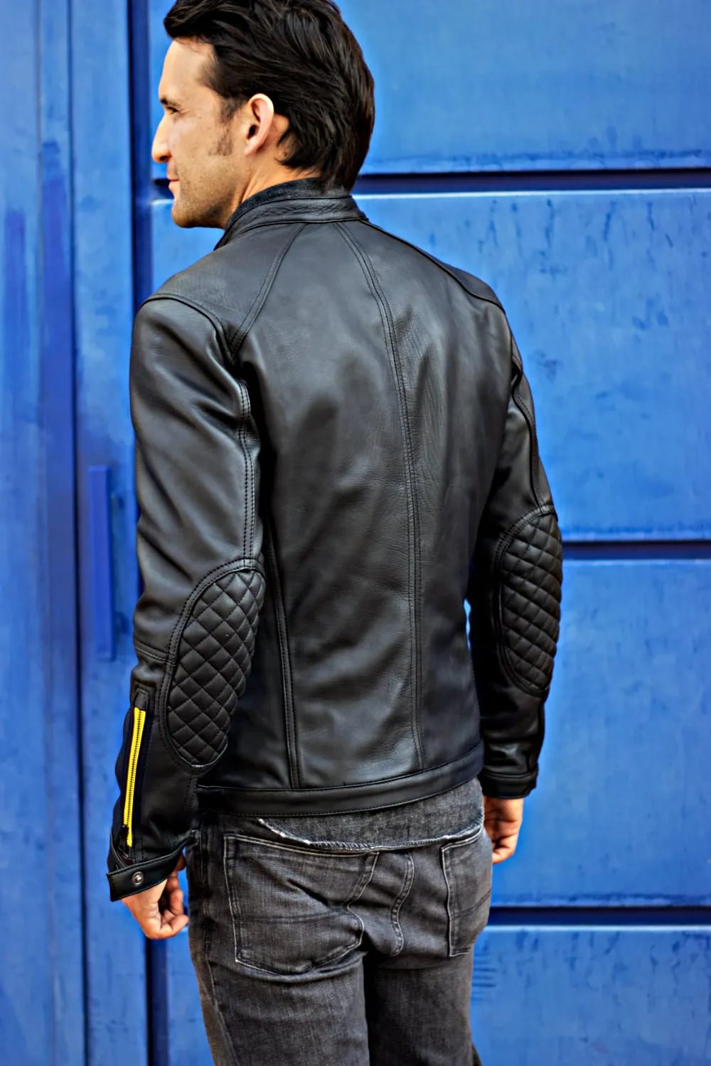 MI6 Leather Jacket - Double Cargo Pockets in Black & Yellow