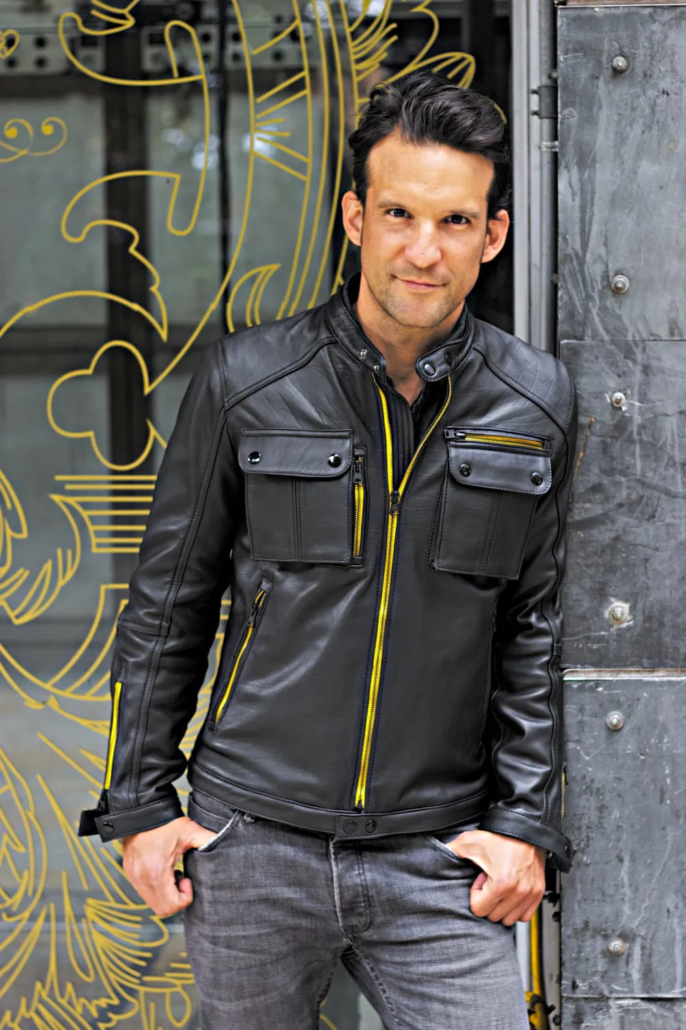 MI6 Leather Jacket - Double Cargo Pockets in Black & Yellow