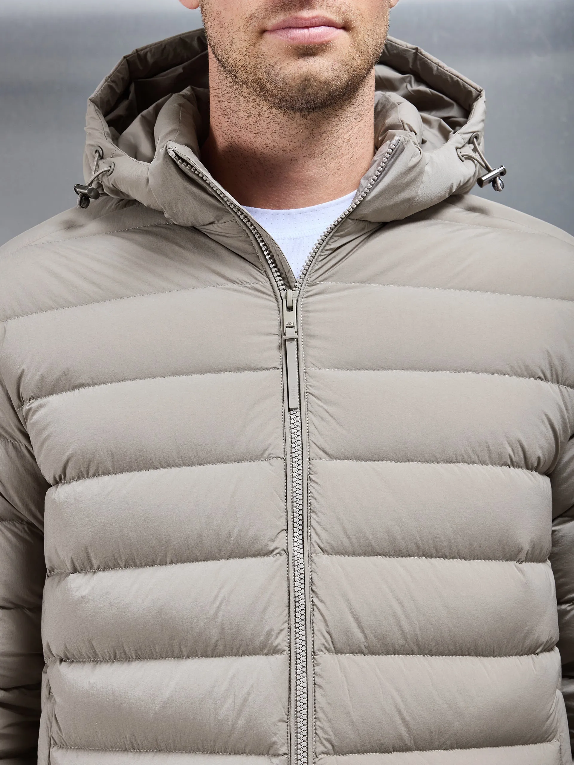 Mid Length Technical Down Jacket in Taupe