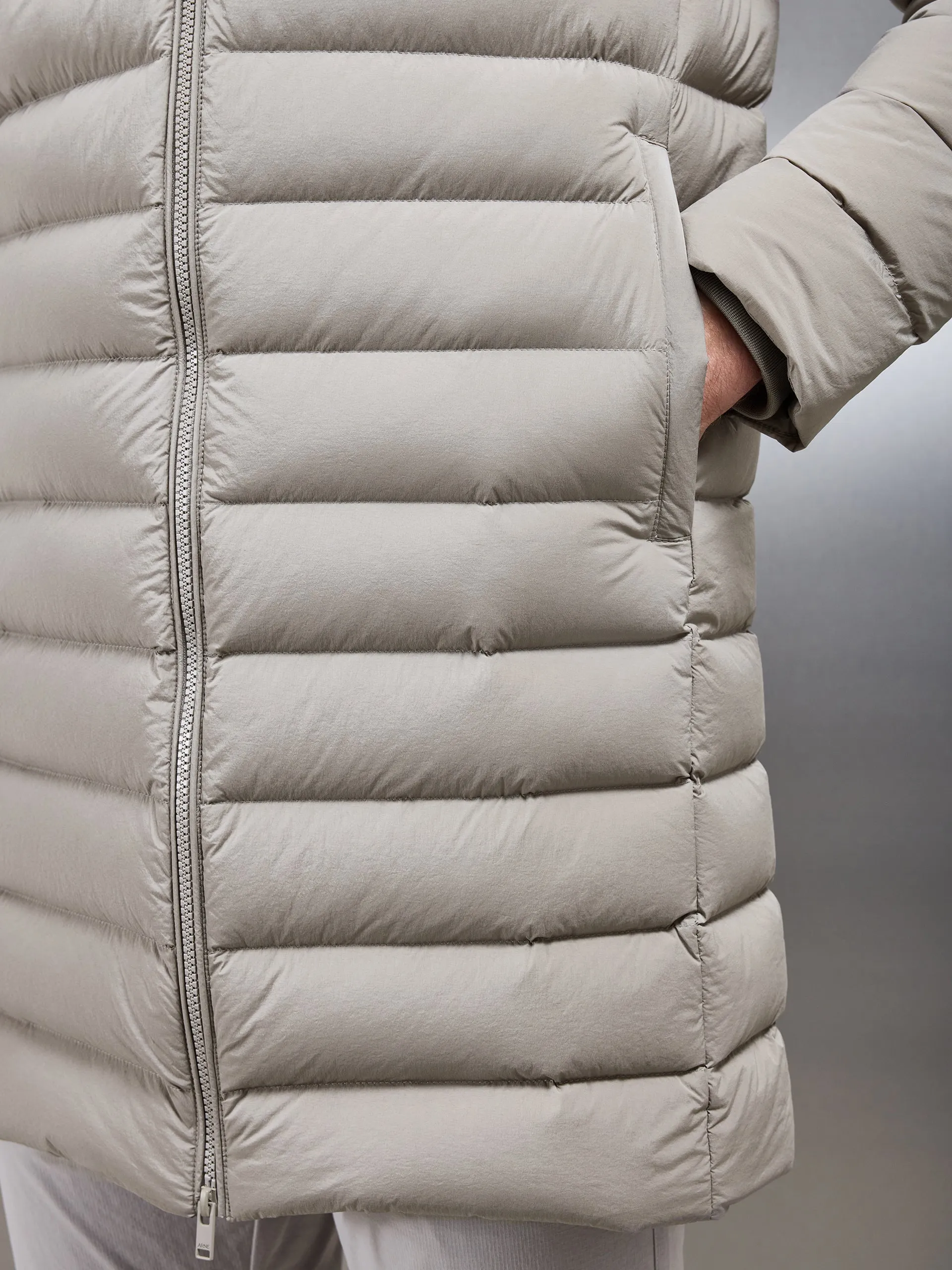 Mid Length Technical Down Jacket in Taupe