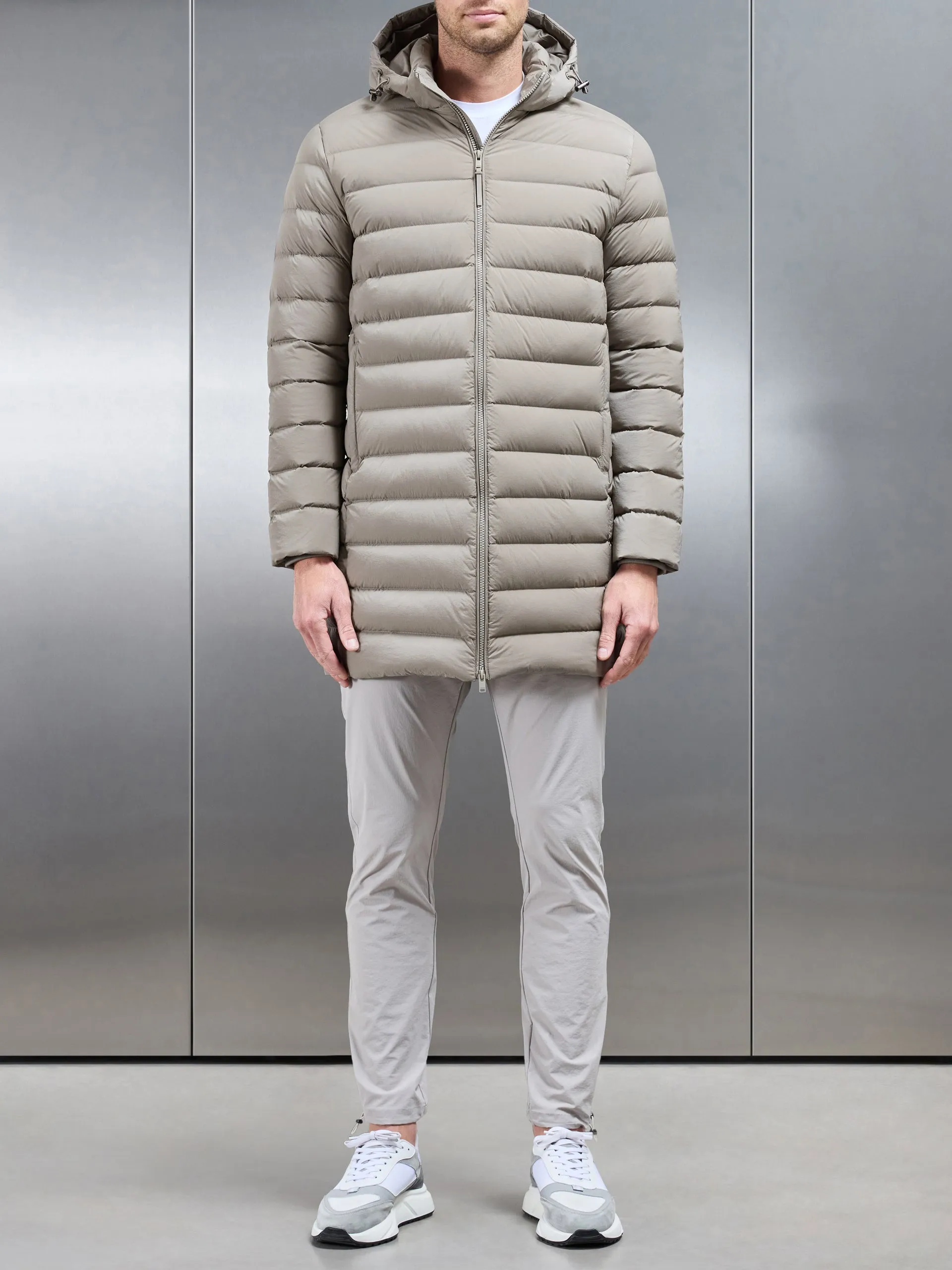 Mid Length Technical Down Jacket in Taupe