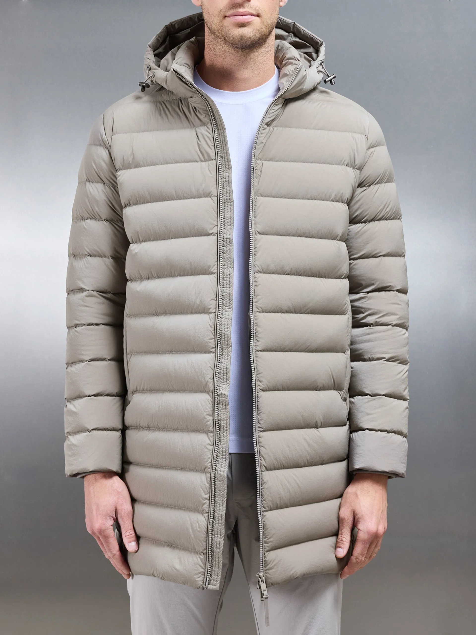 Mid Length Technical Down Jacket in Taupe