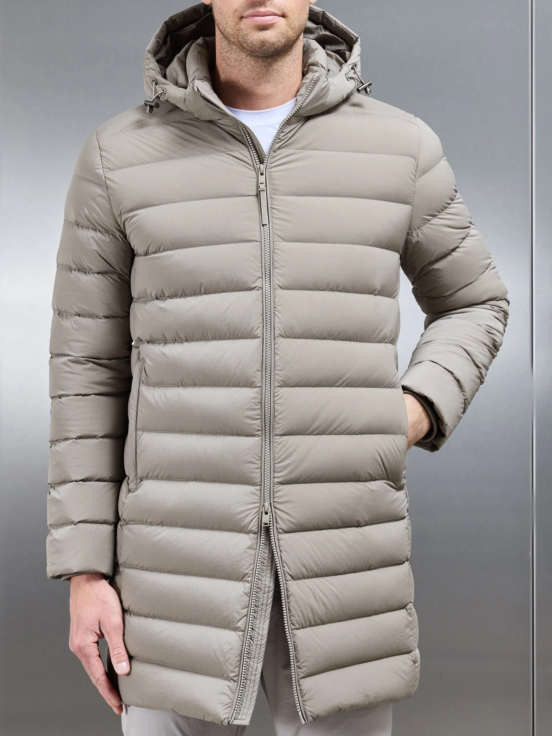 Mid Length Technical Down Jacket in Taupe