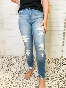 Mid Rise Distressed Ankle Skinny Jeans