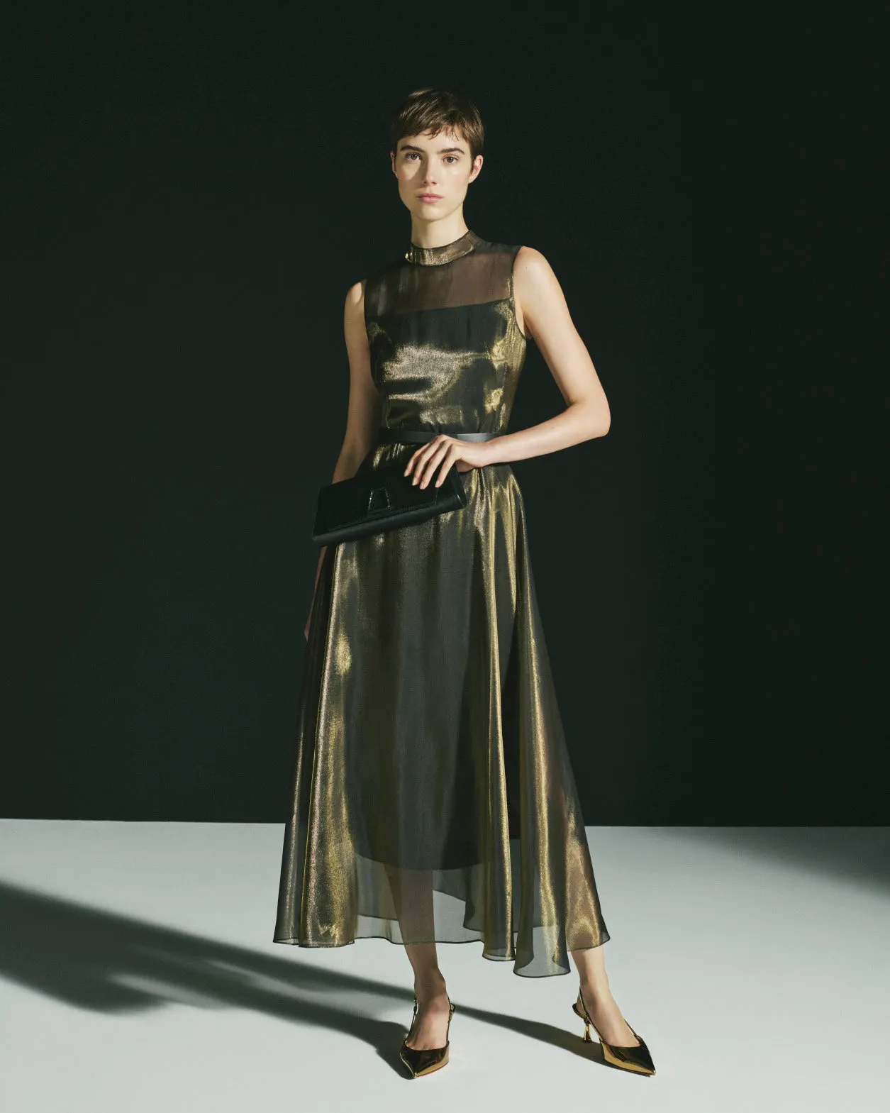 Midi Dress in Sheer Golden Shimmer Silk Blend Organza