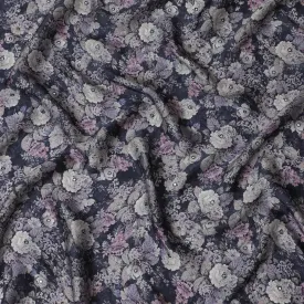 Midnight Purple Floral Viscose Modal Satin Fabric with Mirror Work - 110 cm Width-D20270