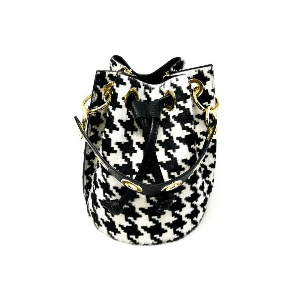 Mila Genuine Leather Pony Hair Bucket Bag | Houndstooth