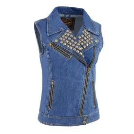 Milwaukee Leather MDL4030 Women's Blue Denim Zipper Front Motorcycle Vest with Studded Spikes