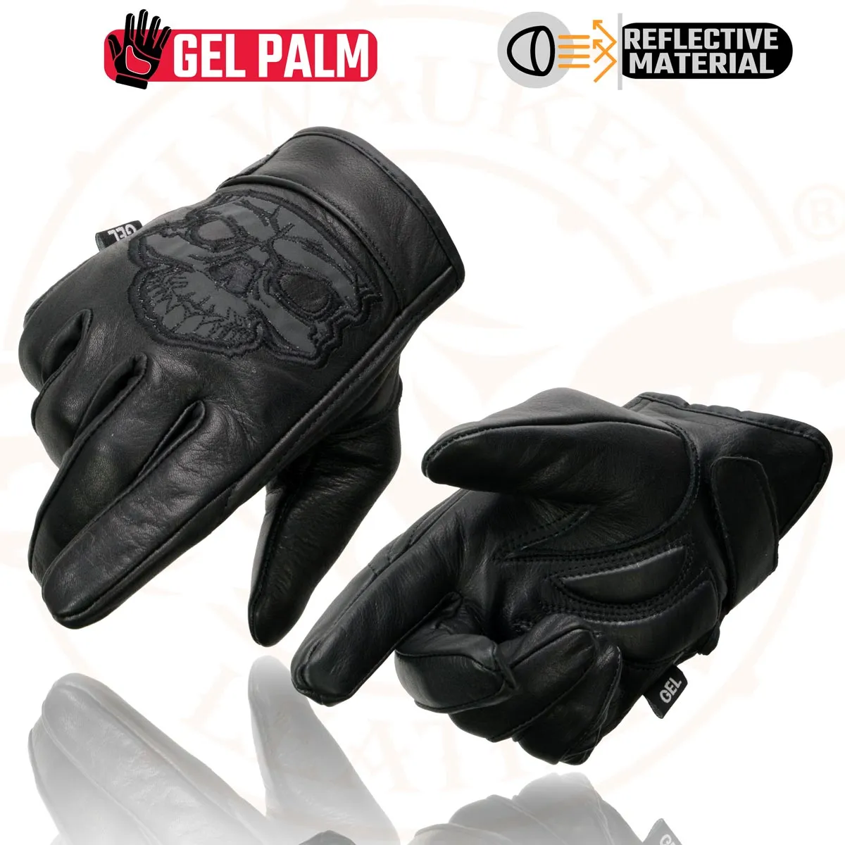 Milwaukee Leather Men's Black Leather ‘Reflective Skull’ Motorcycle Hand Gloves W/Gel Padded Palm MG7570