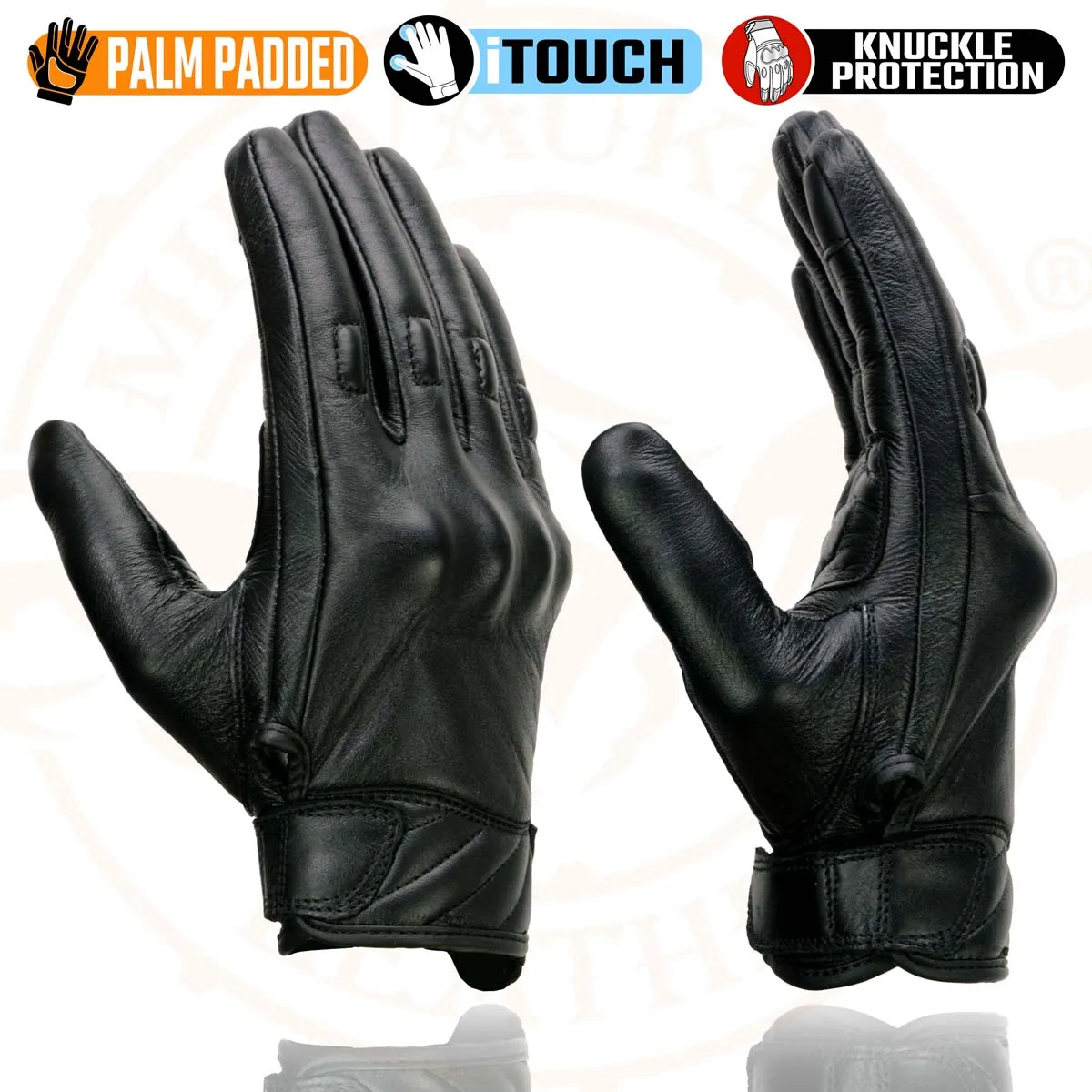 Milwaukee Leather MG7501 Men's Black Leather i-Touch Screen Compatible Gel Palm Motorcycle Gloves W/ Protective Knuckle