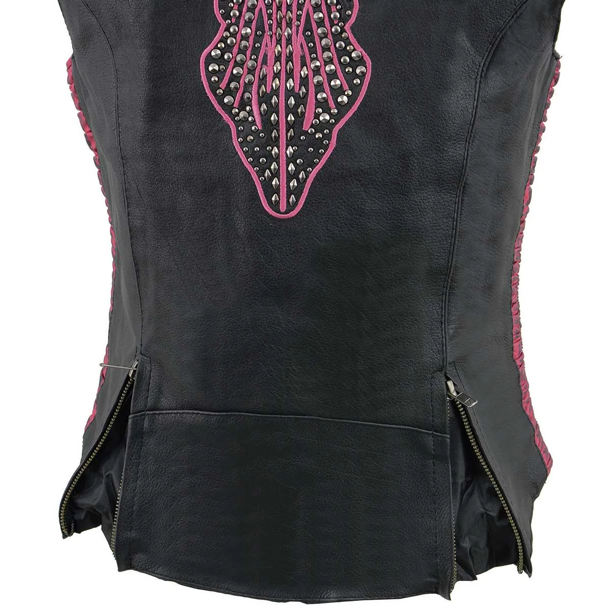 Milwaukee Leather MLL4570 Ladies Black and Fuchsia 'Studded Phoenix' Leather Vest