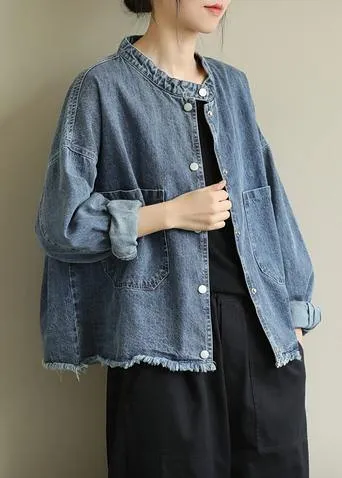 Modern stand collar pockets Plus Size Coats Women denim blue Knee jackets