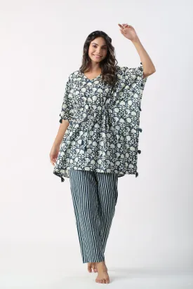 Monochrome blue Jaal with Stripes Cotton Kaftan Pajama set