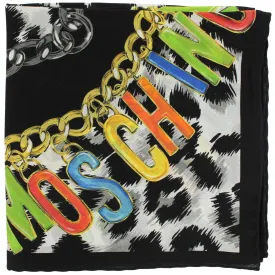 Moschino Scarf Black Multi Colored Logo Design - Large Square Silk Foulard FINAL SALE