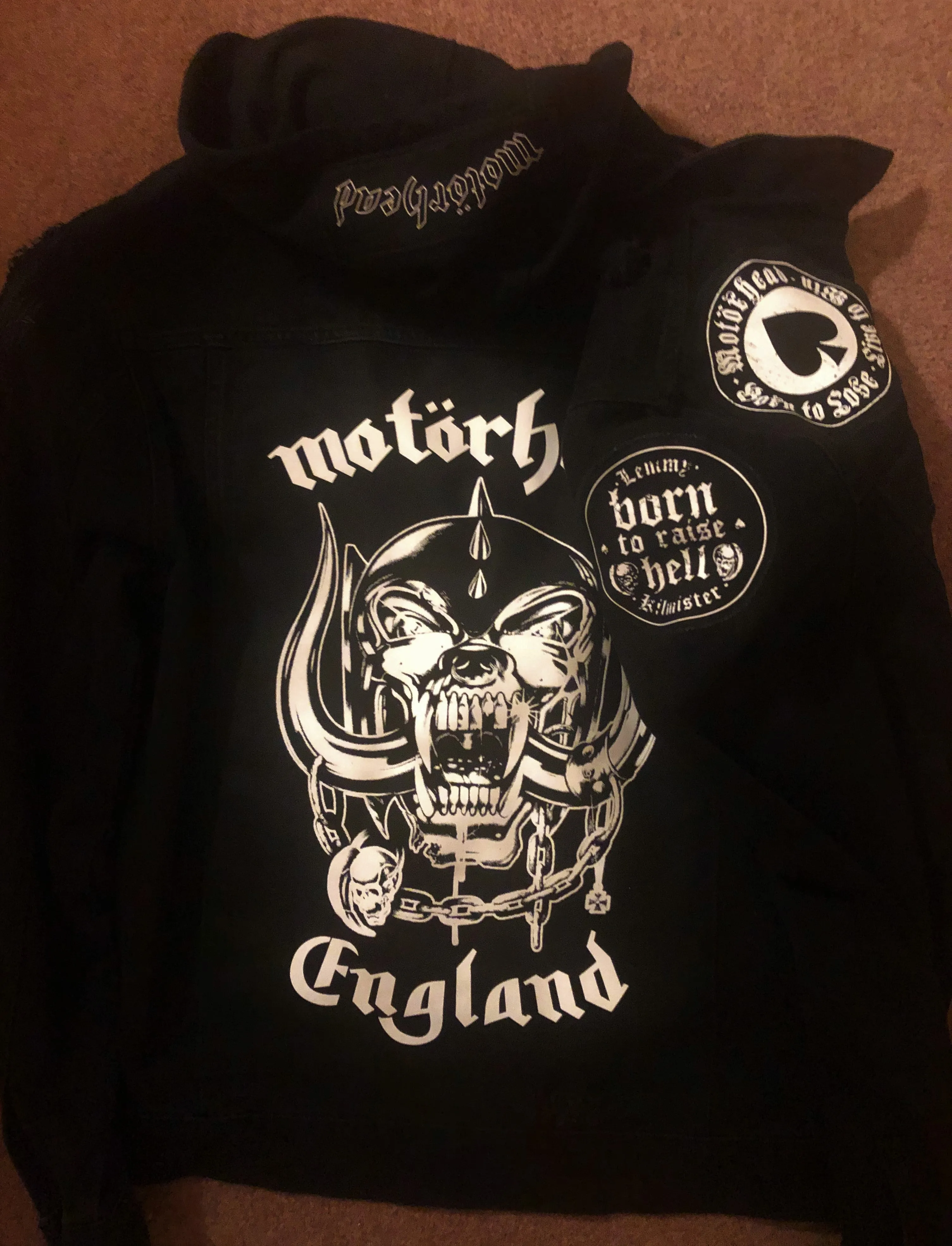 Motörhead Road Crew Distressed Slashed Hooded Denim Jacket Ace Of Spades