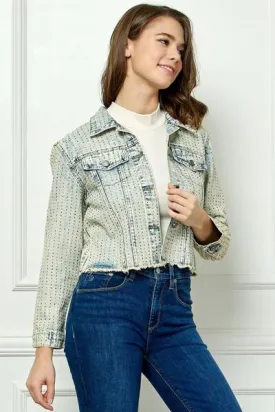 Multi Color Stripe Rhinestone Raw Hem Denim Jacket