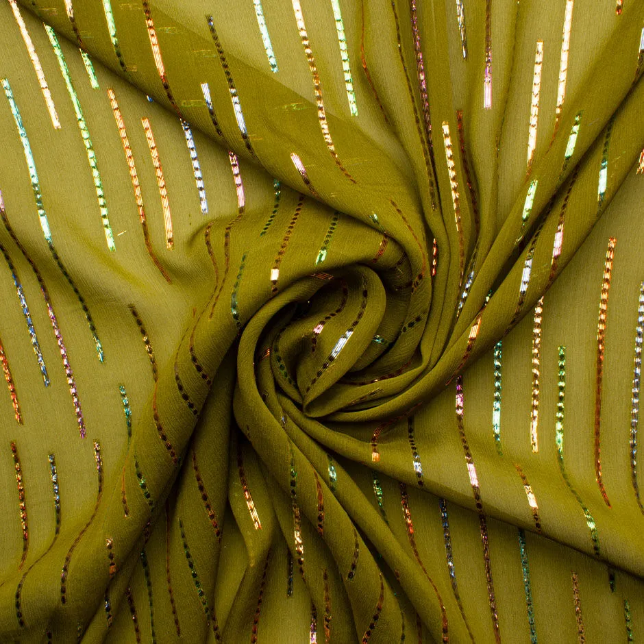 Multi Metallic Lined Olive Green Silk Georgette