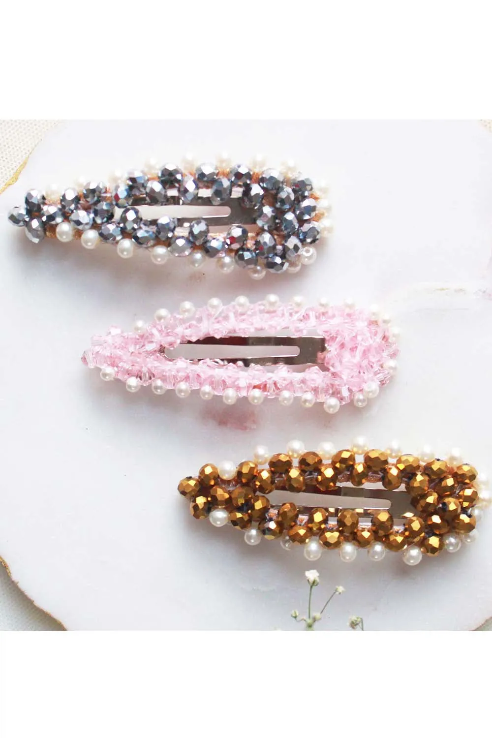 Multicolor Crystal Beads Embroidered Hair Clips Set Of 3