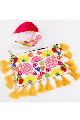 Multicolor Flowers Embroidered Sling Bag With Hairband