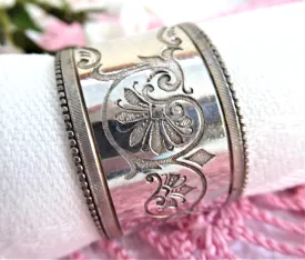 Napkin Ring Hand Engraved Fancy Floral Edwardian Victorian No Mono Beaded Rims