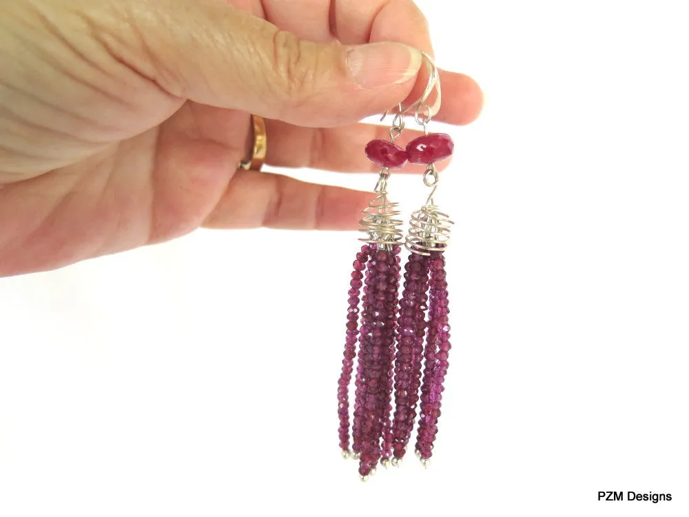 Natural Purple Garnet Tassel Earrings with Ruby Accents, Art Deco Tassel Earrings