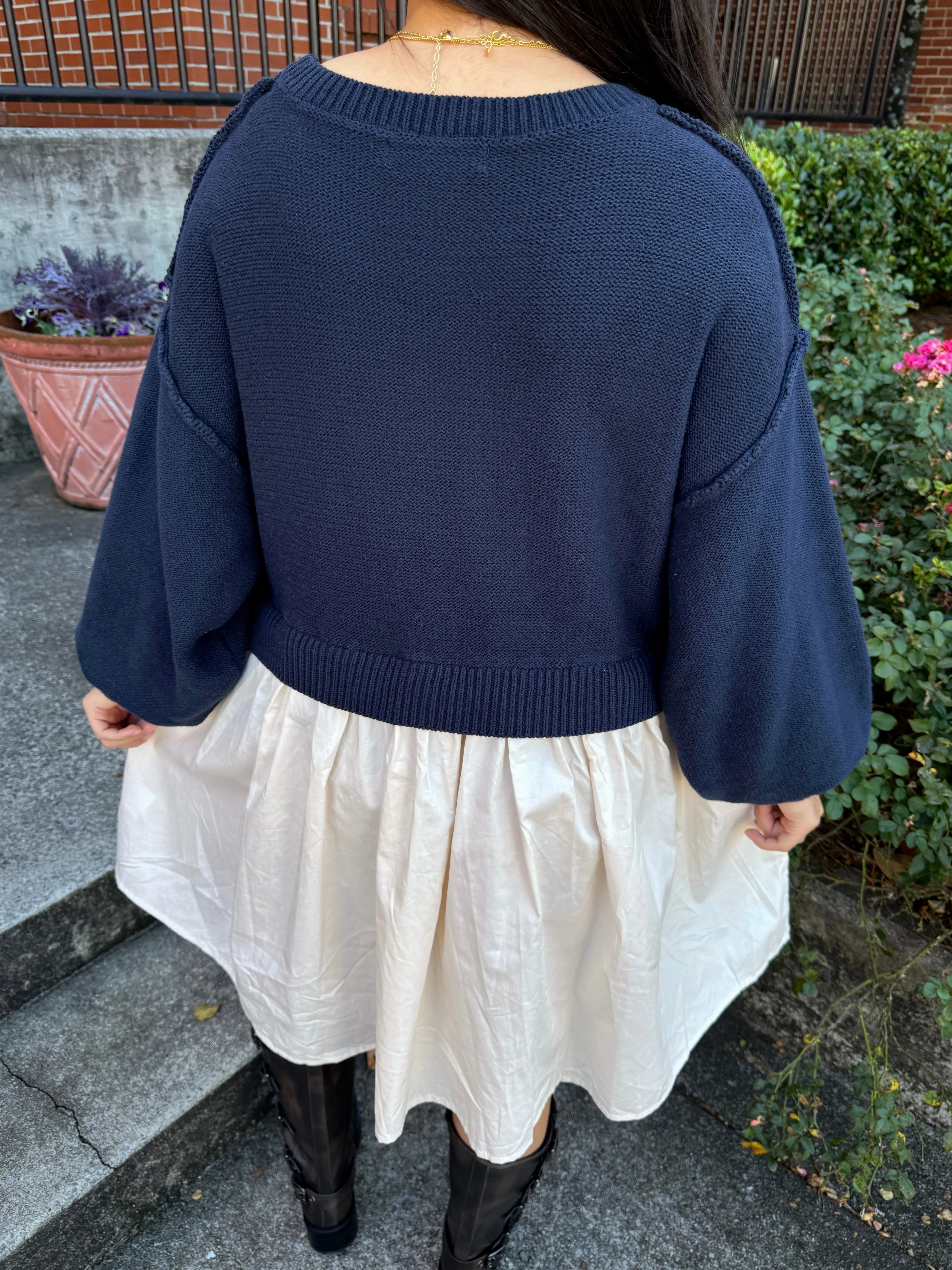 Navy & Beige Oversized Knit Sweater Dress