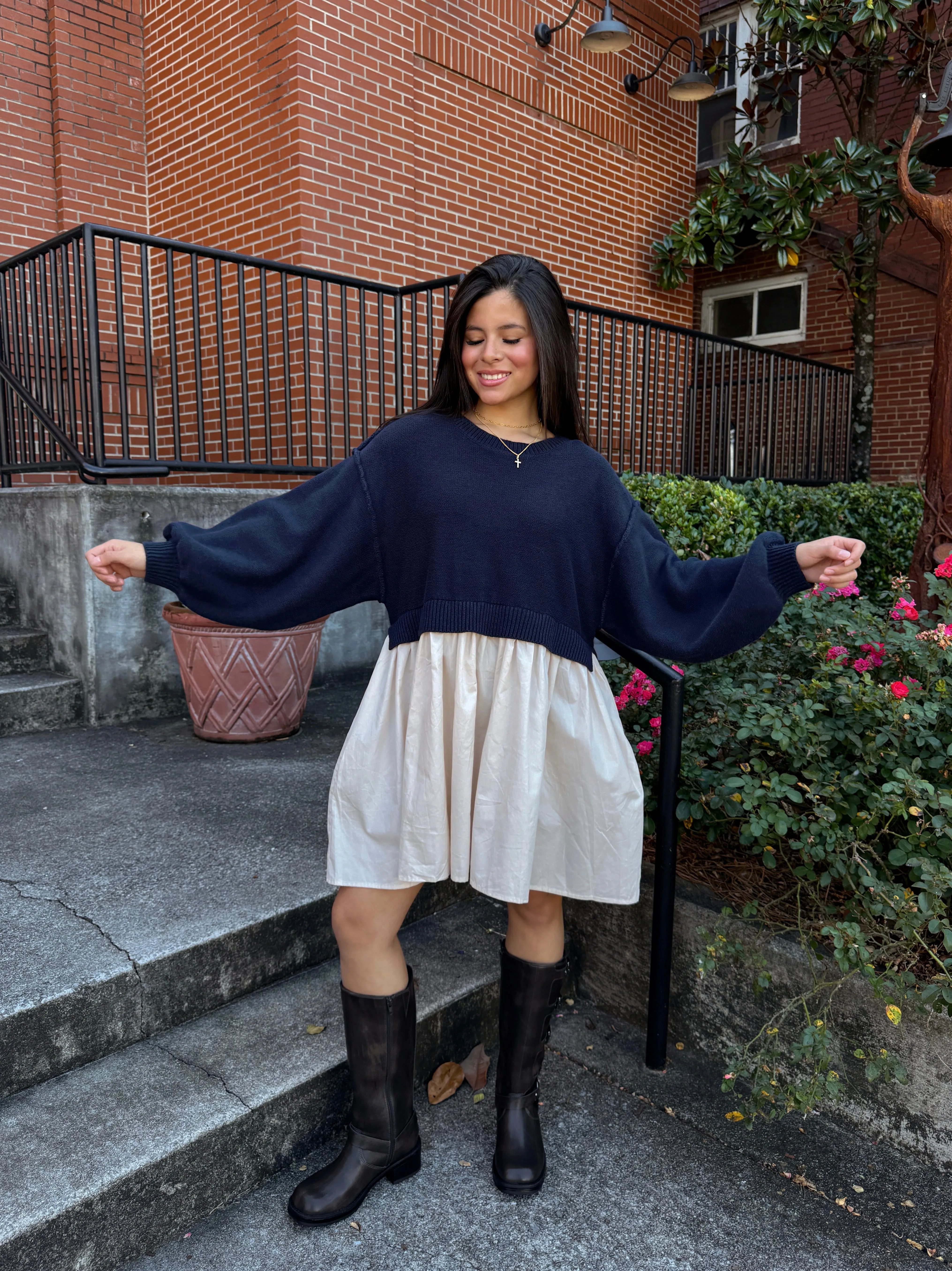 Navy & Beige Oversized Knit Sweater Dress