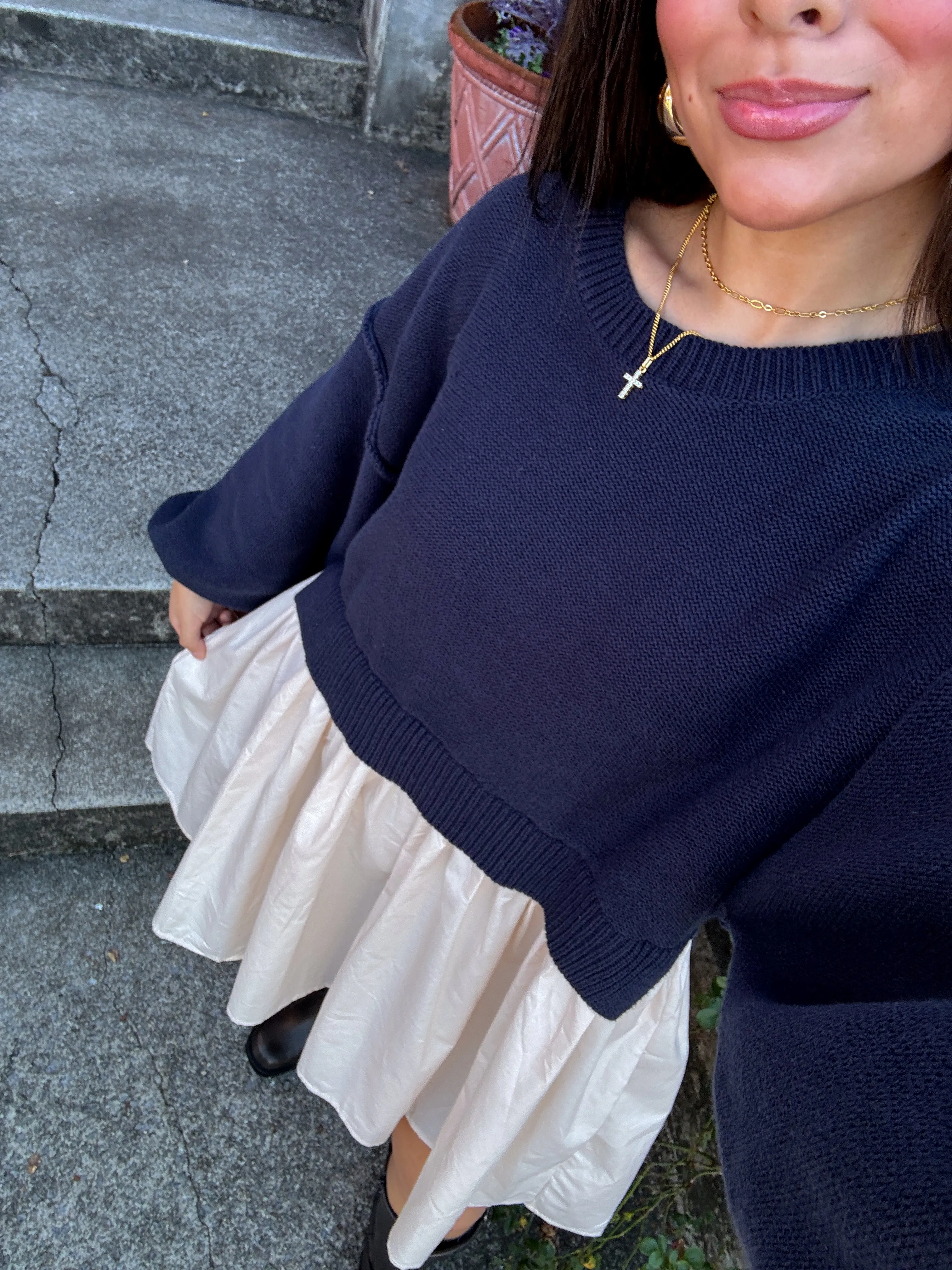 Navy & Beige Oversized Knit Sweater Dress