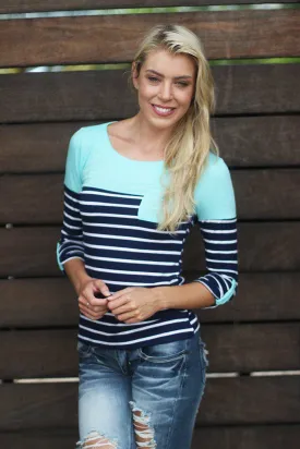 Navy and Mint Striped Top With Pocket