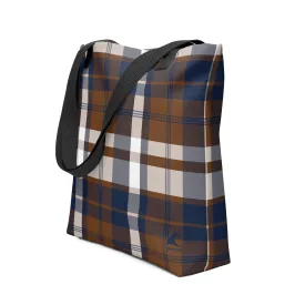 Navy Blue and Brown Preppy Surfer Girl Plaid Beach Tote Bag from Extremely Stoked