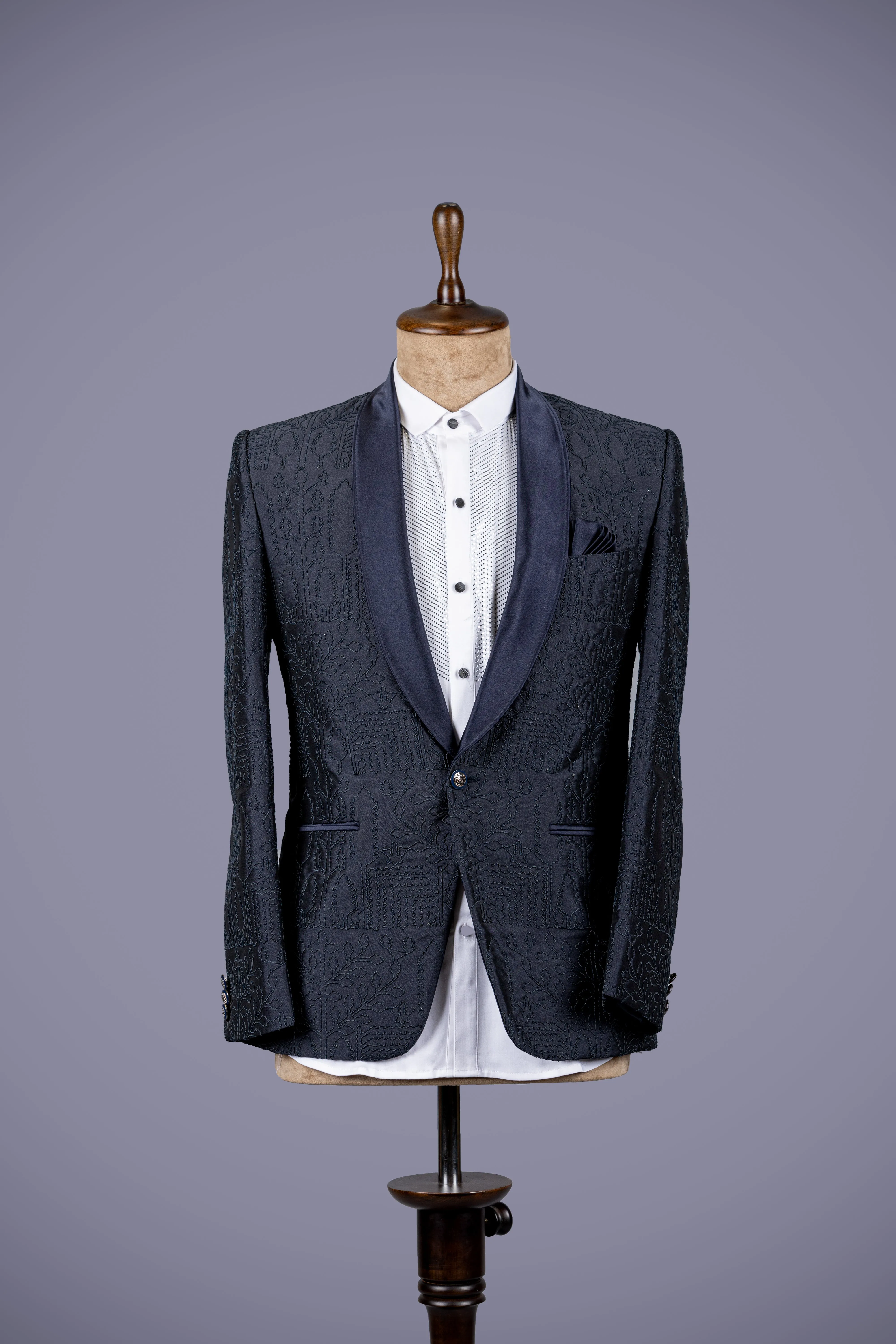 Navy Blue Italian Blazer with Intricate Thread Detailing