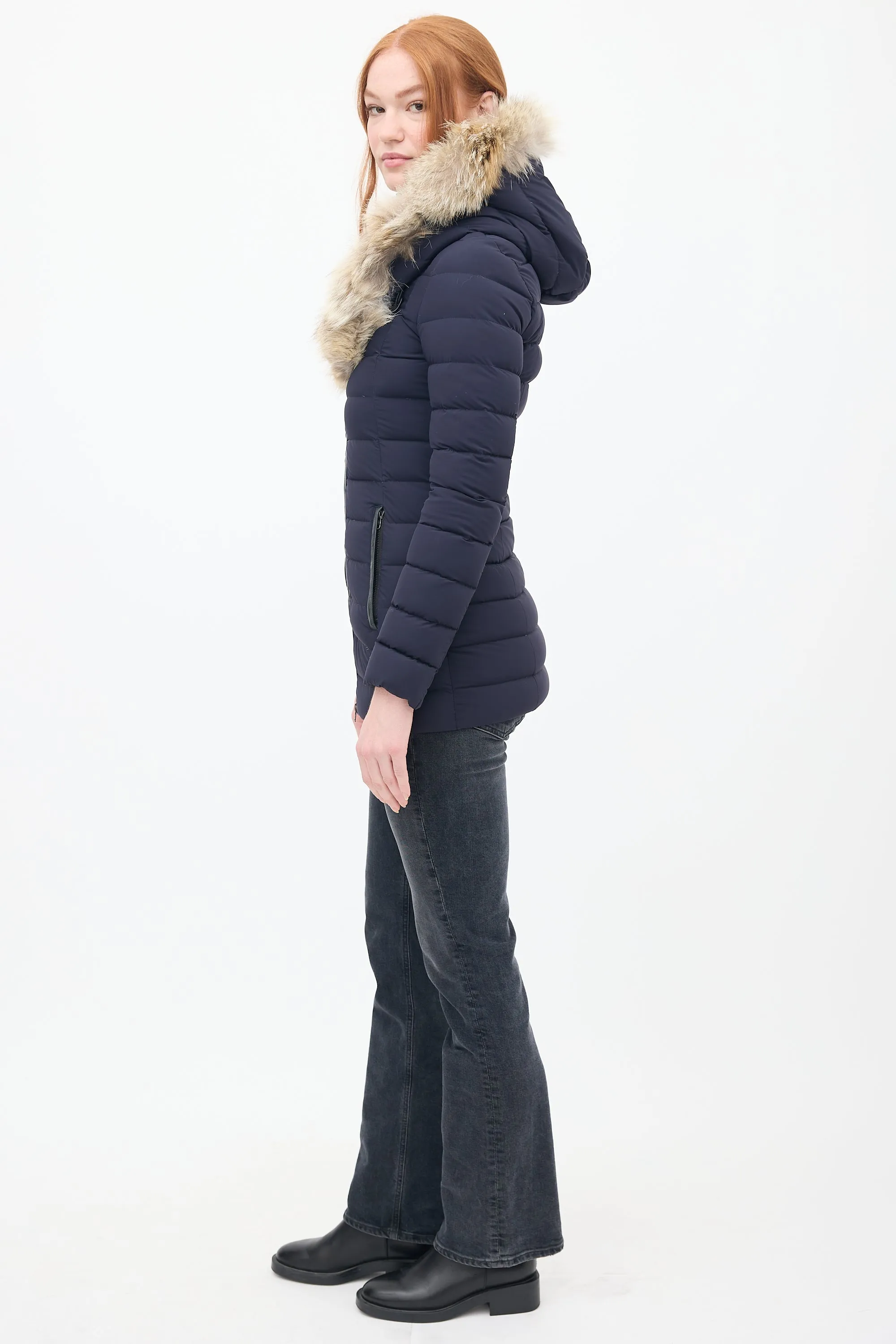 Navy Down & Fur Trim Hooded Puffer Jacket