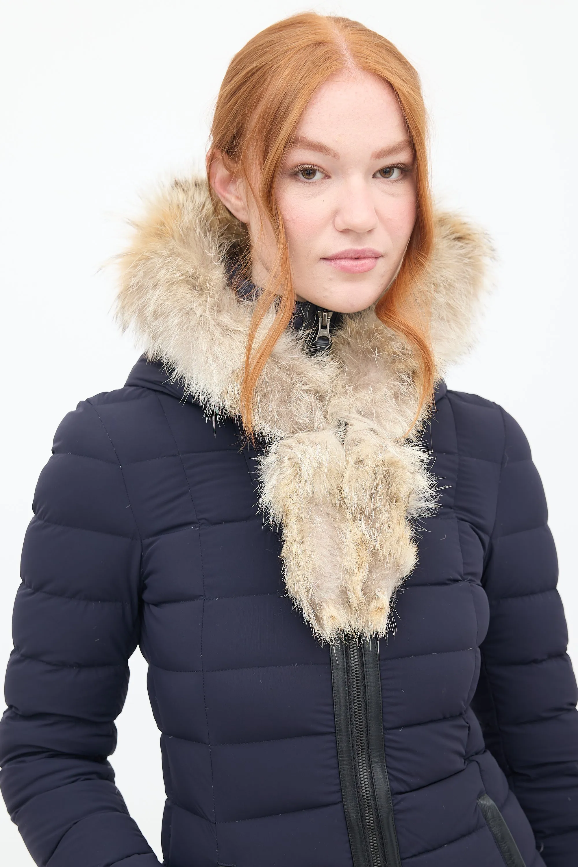 Navy Down & Fur Trim Hooded Puffer Jacket