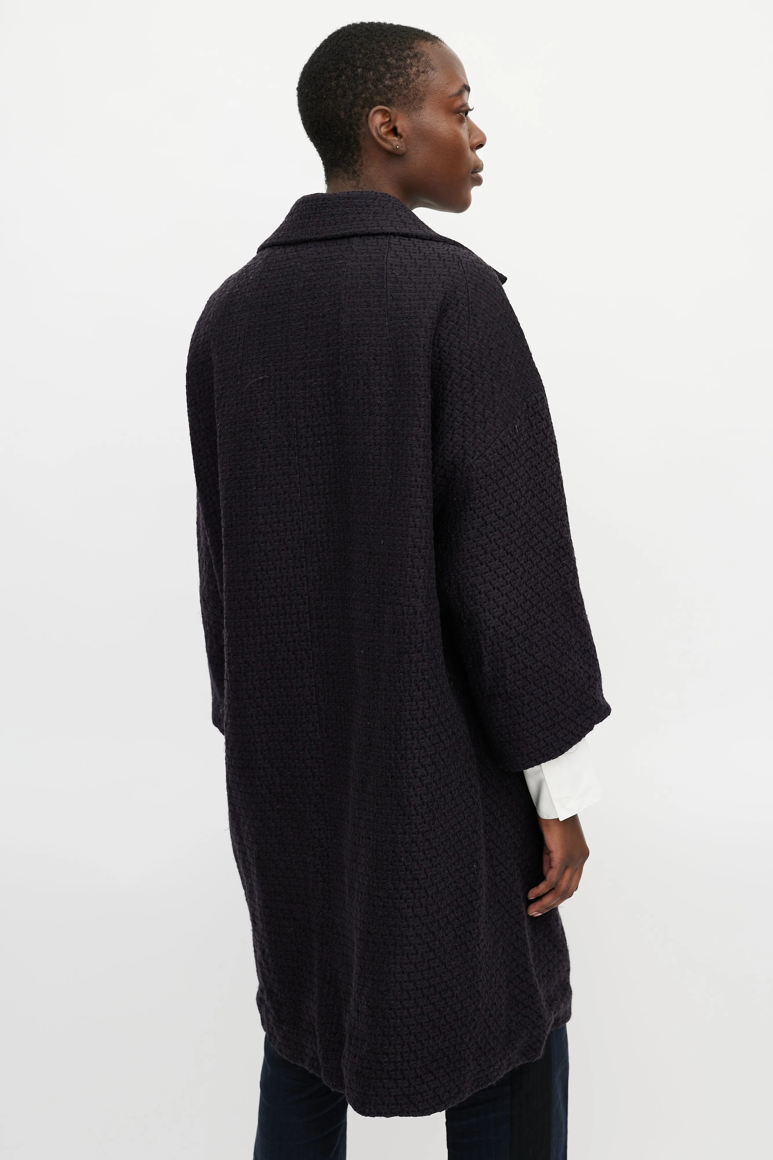 Navy Jacquard Wool Coat