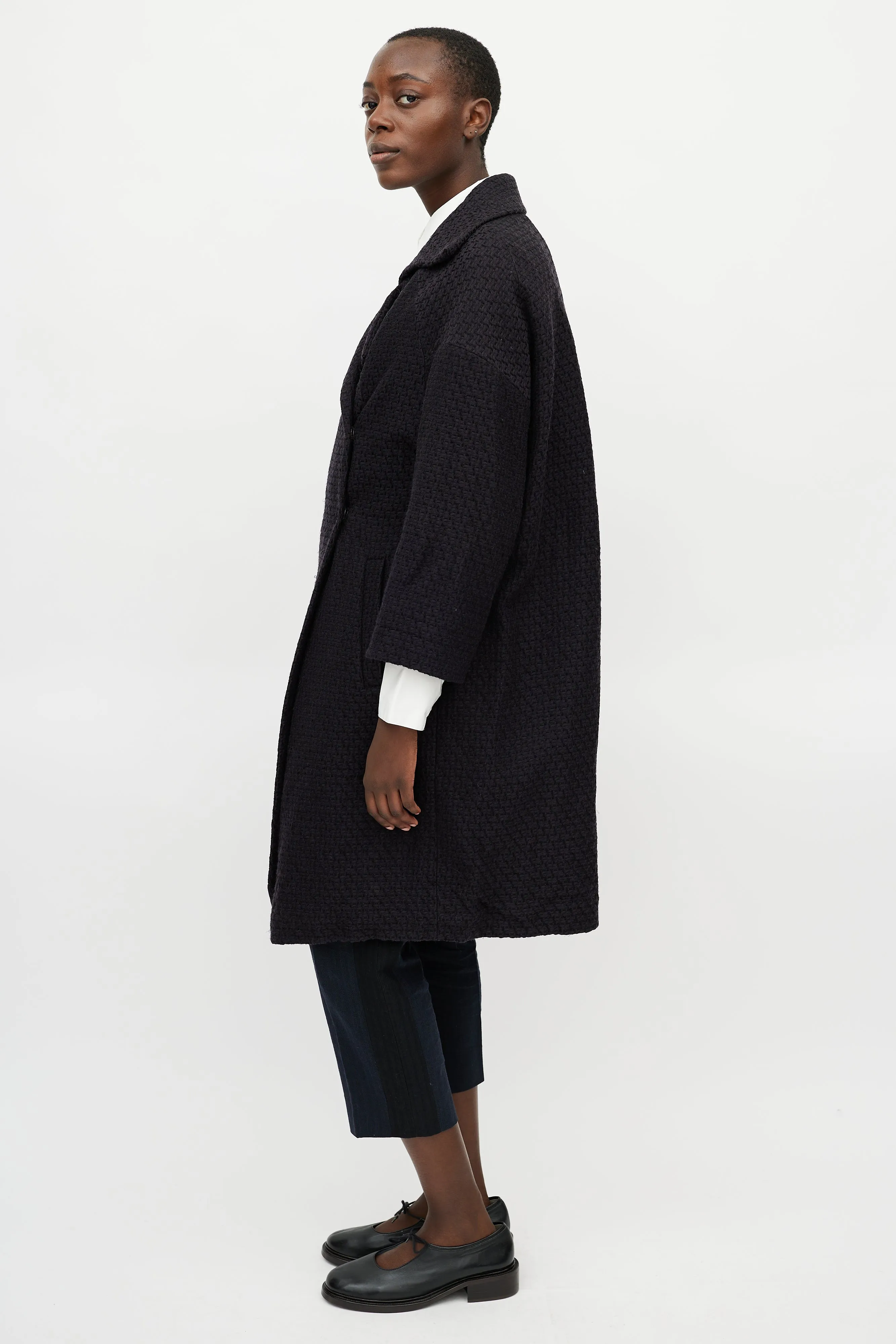 Navy Jacquard Wool Coat