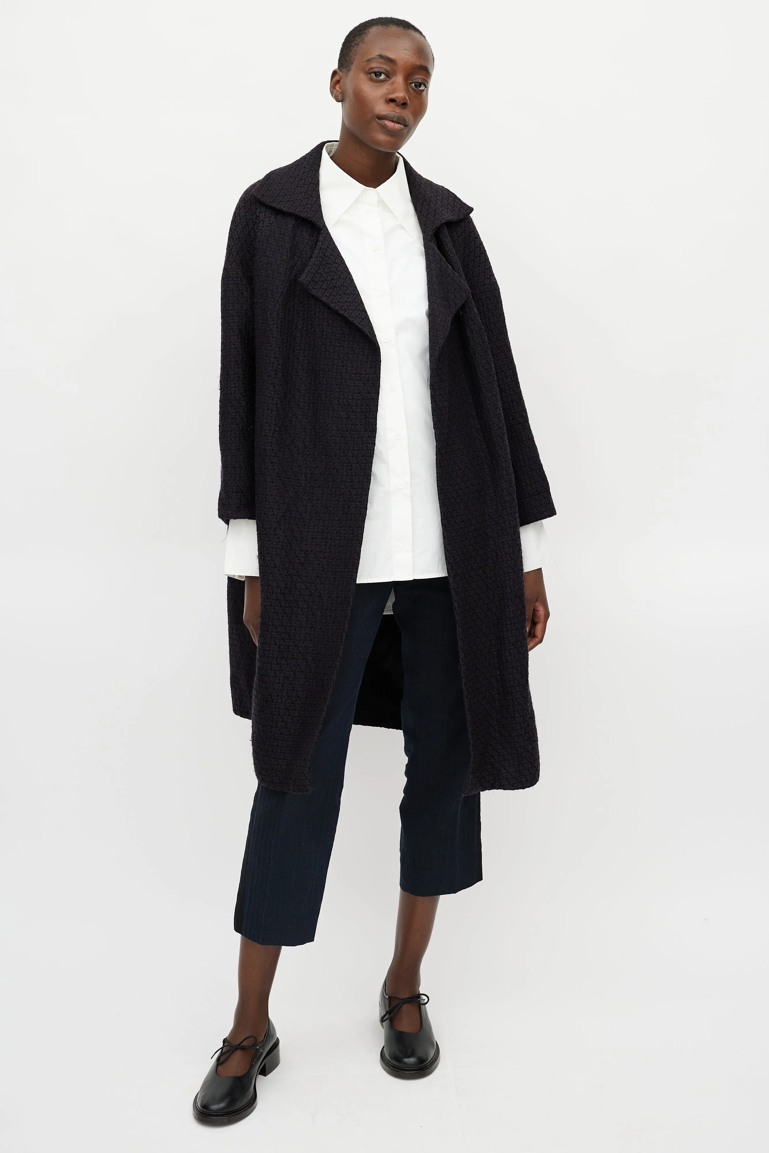 Navy Jacquard Wool Coat