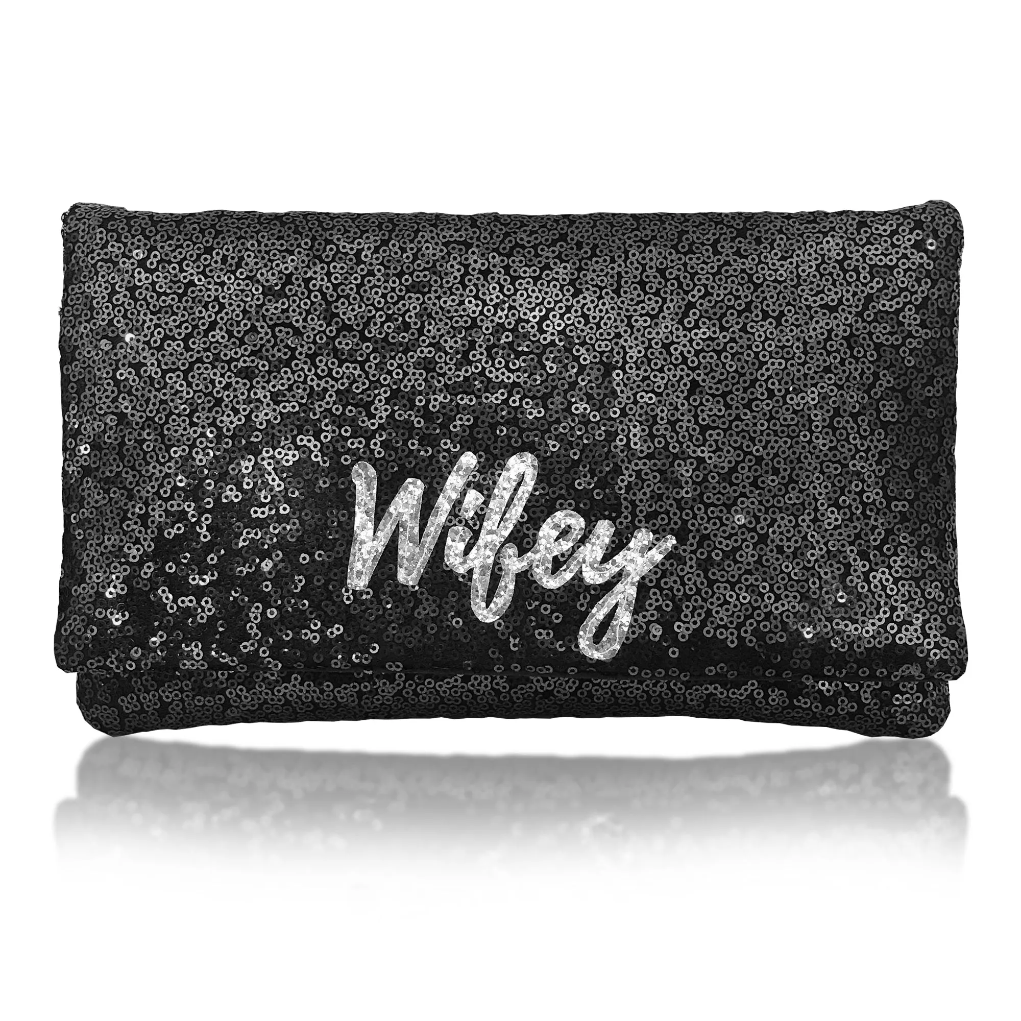 Navy or black sequin WIFEY bridal wedding day clutch