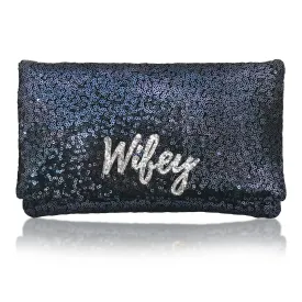 Navy or black sequin WIFEY bridal wedding day clutch