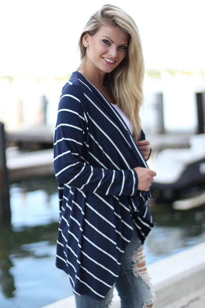 Navy Striped Cardigan With Button