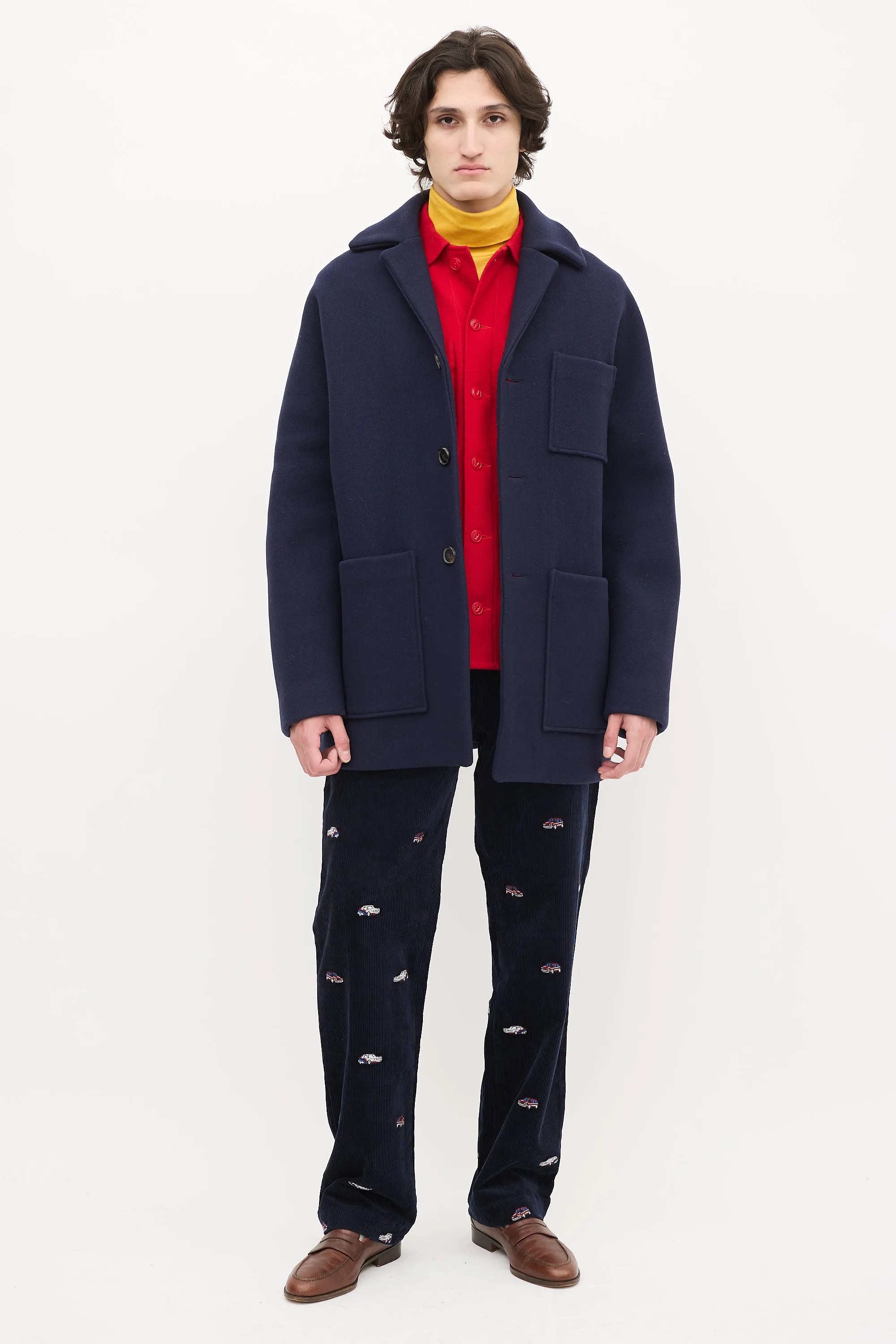 Navy Wool & Nylon Mid Length Coat