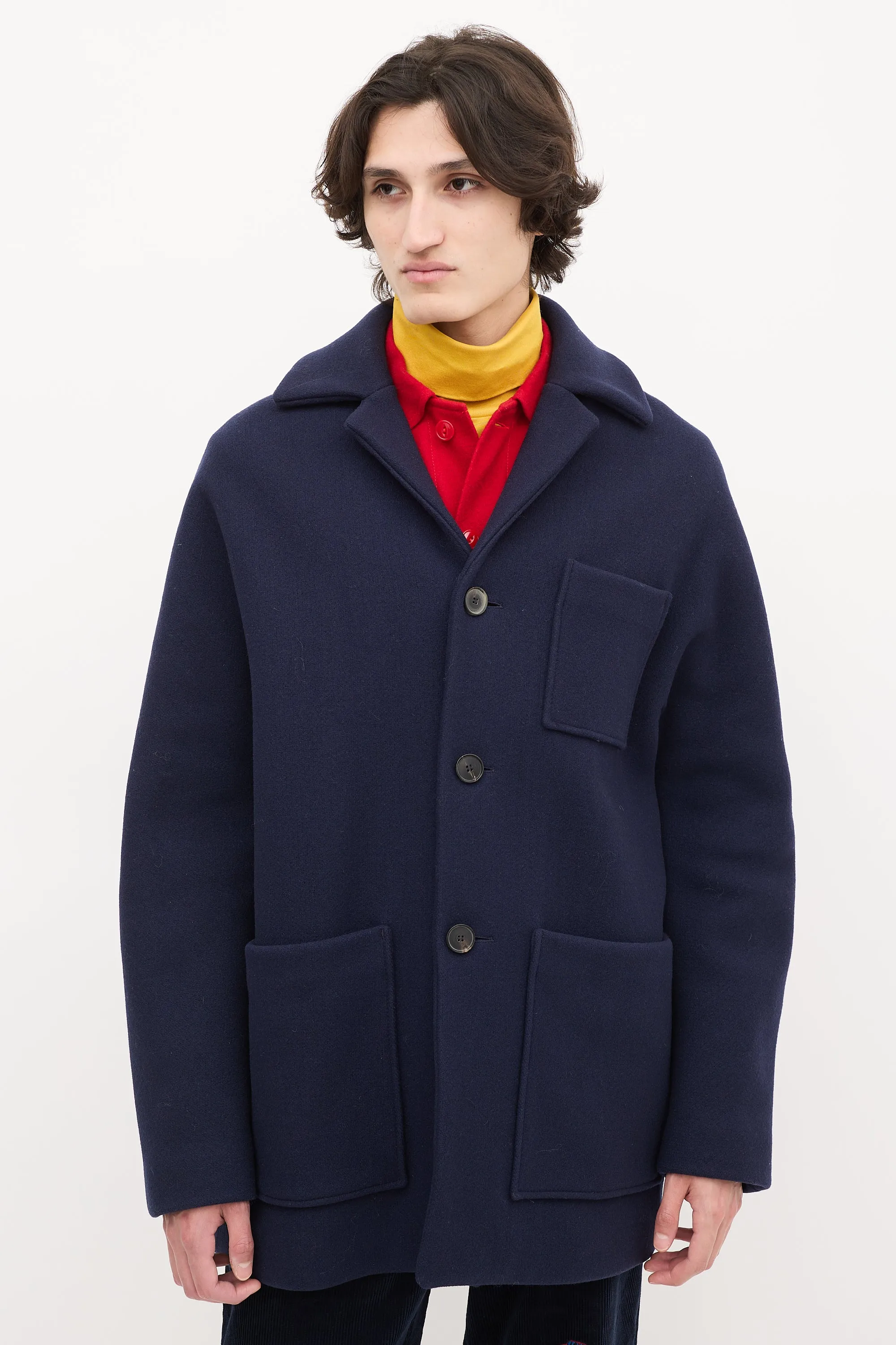 Navy Wool & Nylon Mid Length Coat