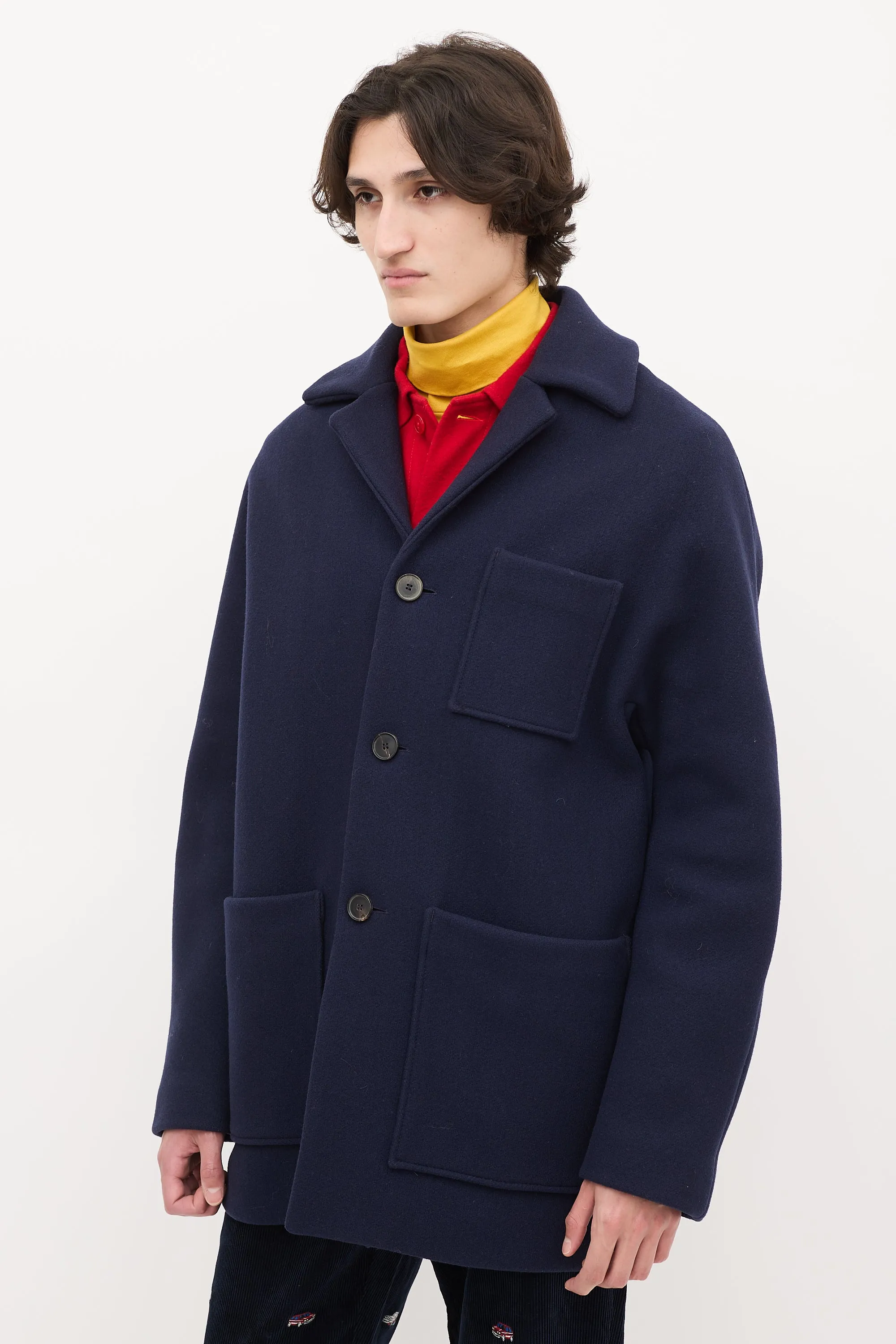 Navy Wool & Nylon Mid Length Coat