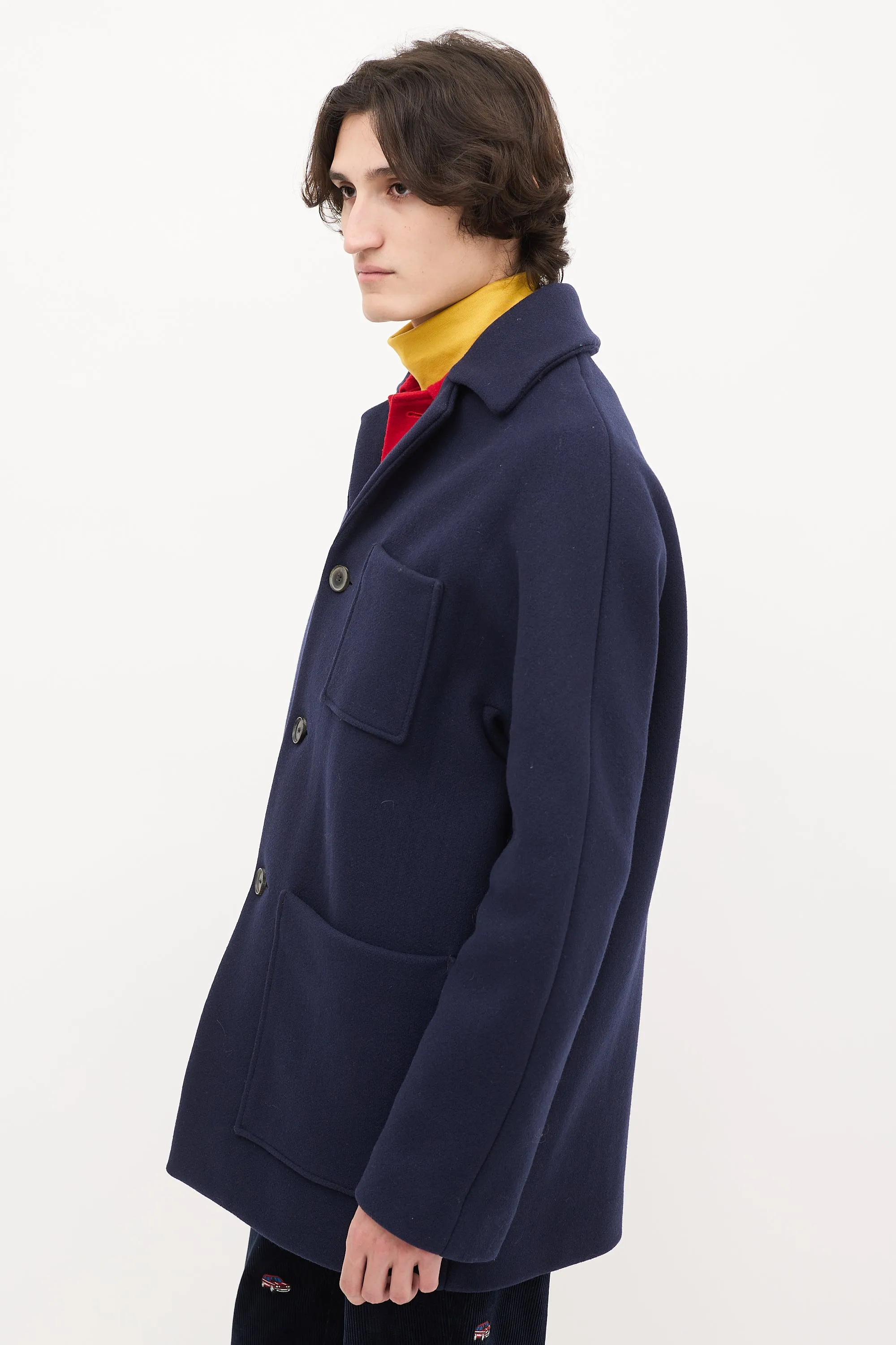 Navy Wool & Nylon Mid Length Coat