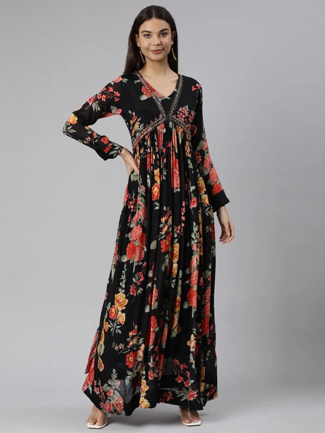 Neeru's Black Flared Casual Floral Dresses