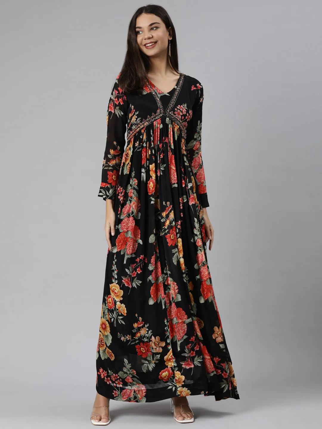 Neeru's Black Flared Casual Floral Dresses