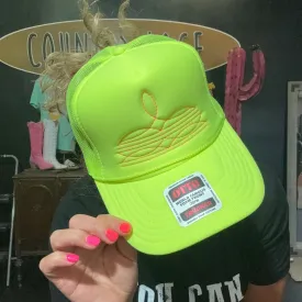 Neon Yellow with Pink Boot Stitch Trucker Hat