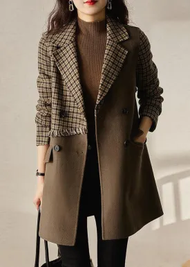 New Brown Plaid Pockets Patchwork Woolen Coat Long Sleeve LY9658