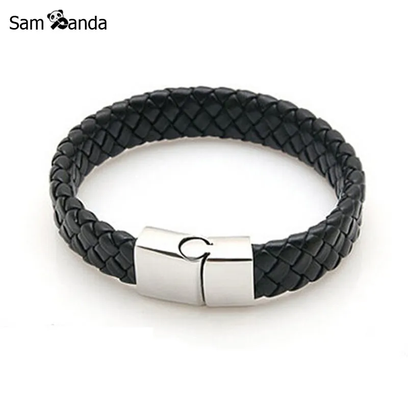 New Fashion Jewelry Black Braided Leather Bracelet Men Stainless Steel Bracelets Bangles De Couro Pulseiras Masculinos YK2057