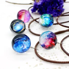 New Stars Ball Glass Collares Duplex Planet Crystal Galaxy Pattern Leather Chain Pendant Maxi Necklace For Womem Girlfriend Gift